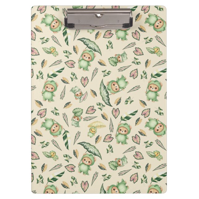 Cute Dinosaur Bear and  Leaves Seamless Pattern Clipboard (Front)
