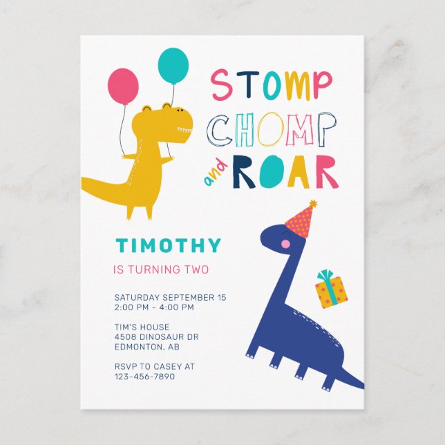 Cute Dinosaur Birthday Colourful Party Boys  Postcard (Front)