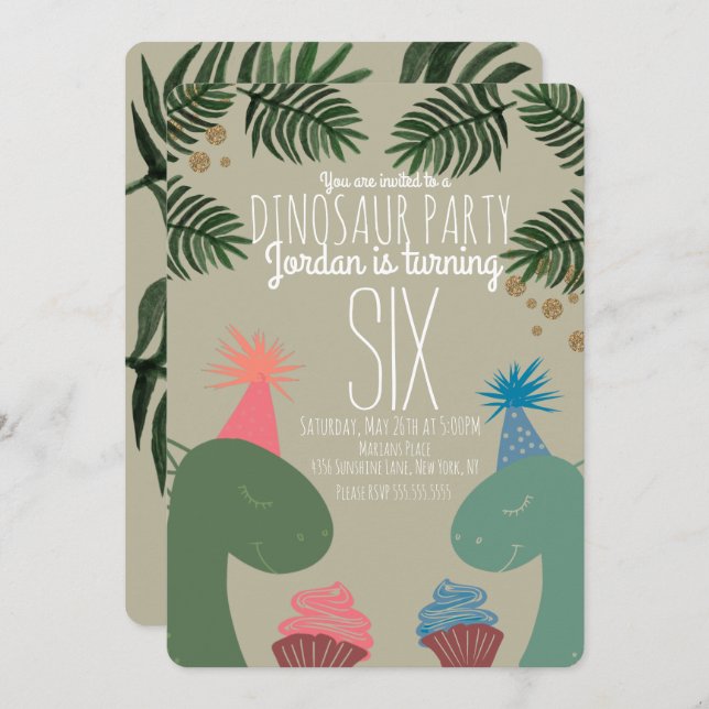 Cute Dinosaur Birthday Cupcakes Glittler Confetti Invitation (Front/Back)
