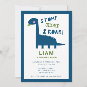 Cute Dinosaur Birthday Invitation 4th Boy Blue