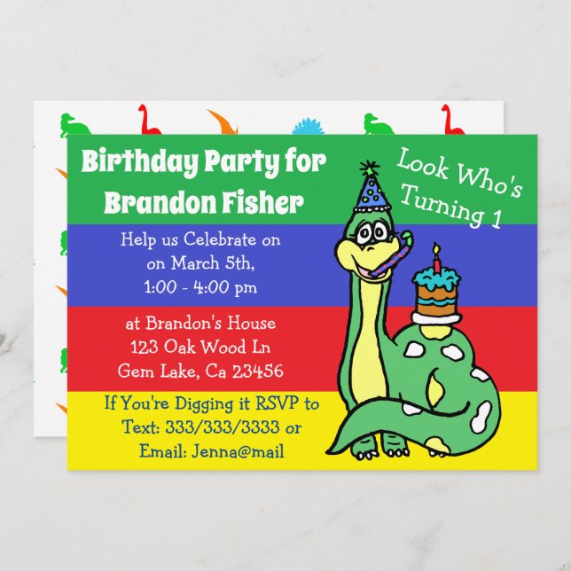 Cute Dinosaur Birthday Invitations (Front/Back)