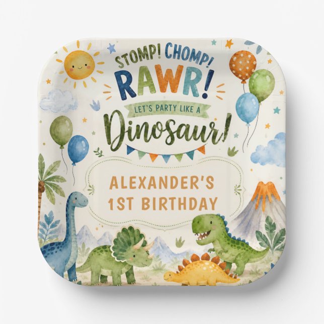Cute Dinosaur Birthday Paper Plates Boy (Front)