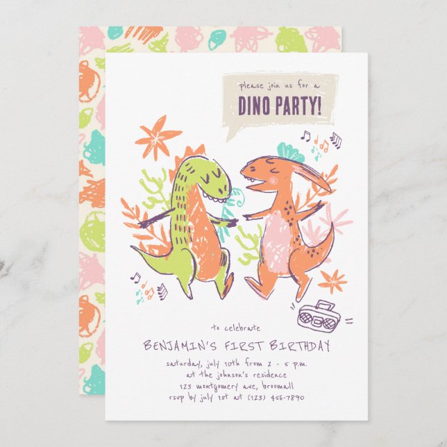 Cute Dinosaur Birthday Party Invitation (Front/Back)
