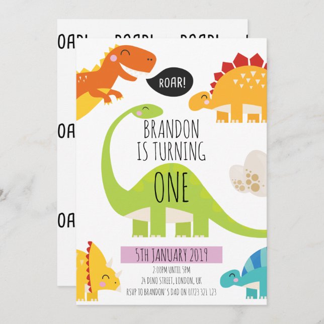 Cute Dinosaur Birthday Party Invitation (Front/Back)