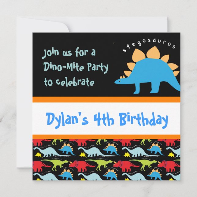 Cute Dinosaur Birthday Party Invitations Black (Front)