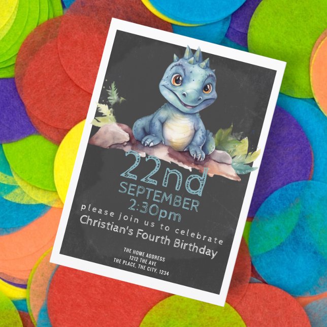Cute Dinosaur Birthday Party Personalised Invitation (Cute little blue dinosaur birthday party invitations from Ricaso )