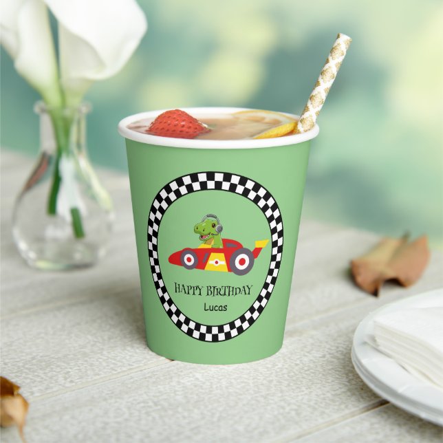 Cute Dinosaur Birthday racing car boy kids name Paper Cups (Insitu)