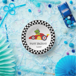Cute Dinosaur Birthday racing car boy kids name Paper Plate