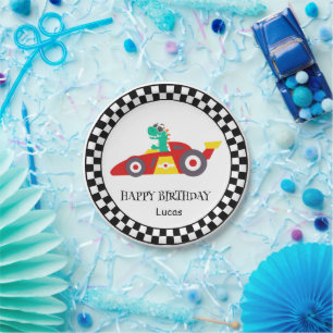 Cute Dinosaur Birthday racing car boy kids name Paper Plate