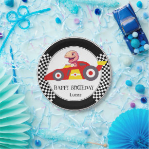 Cute Dinosaur Birthday racing car boy kids name Paper Plate