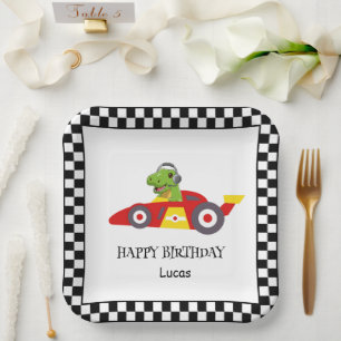 Cute Dinosaur Birthday racing car boy kids name Paper Plate