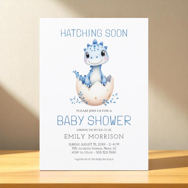 Cute Dinosaur Blue Boy Hatching Soon Baby Shower Invitation (Creator Uploaded)