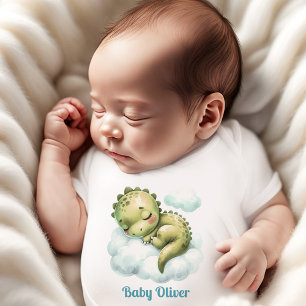Cute Dinosaur Blue Green Name Monogram Boy Baby Bodysuit