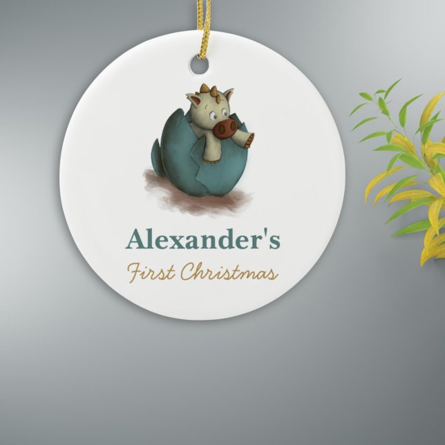 Cute Dinosaur Boy Baby's First Christmas  Ceramic Ornament (Cute first christmas keepsake with a dinosaur hatching from a green egg)