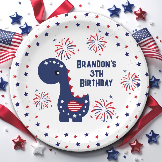 Cute Dinosaur Boy Birthday 4th of July  Paper Plate (Cute Dinosaur Boy Birthday 4th of July Paper Plates)