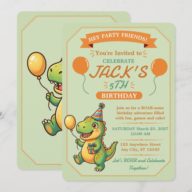 Cute Dinosaur Boy Birthday Invitation Editable (Front/Back)