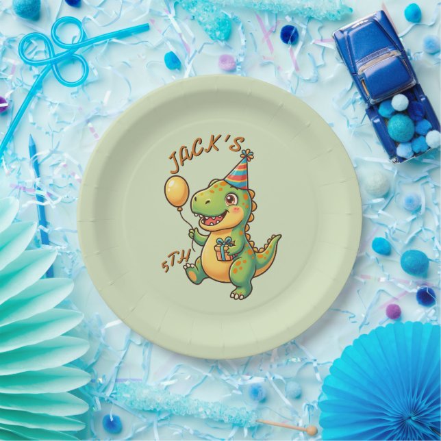 Cute Dinosaur Boy Birthday Paper Plates Editable (Party)