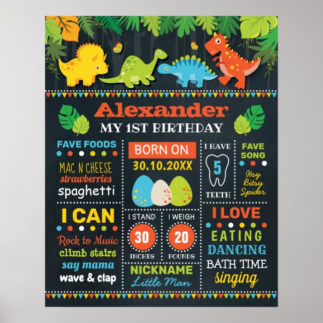 Cute Dinosaur Boys Birth Stats Birthday Milestone Poster (Front)