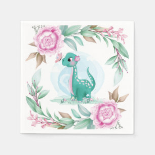 Cute Dinosaur Butterfly Pink Peony Baby Shower Napkin