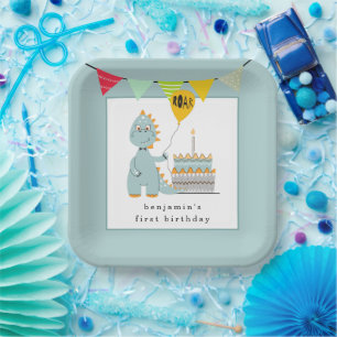 Cute Dinosaur Cake Powder Blue 1st Birthday  Paper Plate