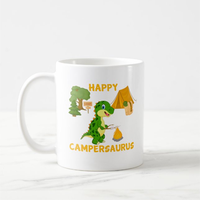 Cute Dinosaur Camper - Happy Campersaurus Coffee Mug (Left)