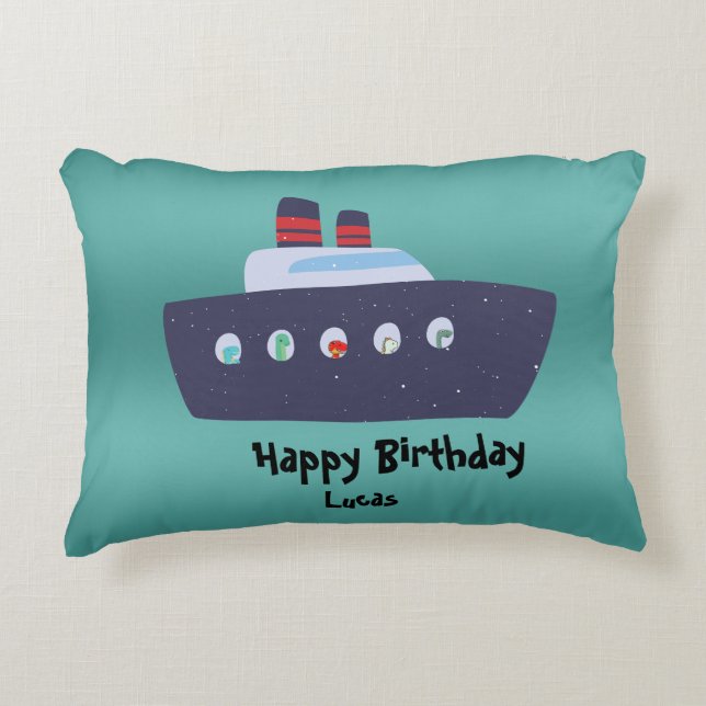 Cute dinosaur captain boat ship School Birthday Decorative Cushion (Front)