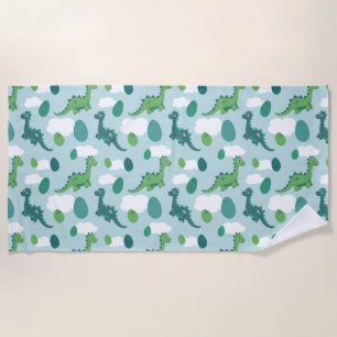 Cute dinosaur cartoon blue green dino animals beach towel