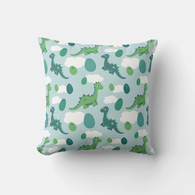 Cute dinosaur cartoon blue green in sky cushion (Front)