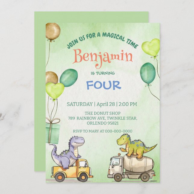 Cute dinosaur cement truck Rainbow School Birthday Invitation (Front/Back)