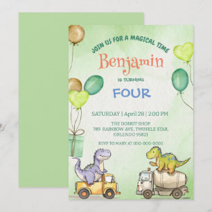 Cute dinosaur cement truck Rainbow School Birthday Invitation