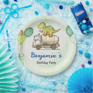 Cute dinosaur cement truck Rainbow School Birthday Paper Plate