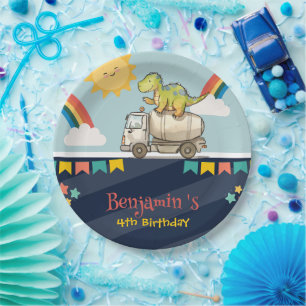 Cute dinosaur cement truck Rainbow School Birthday Paper Plate