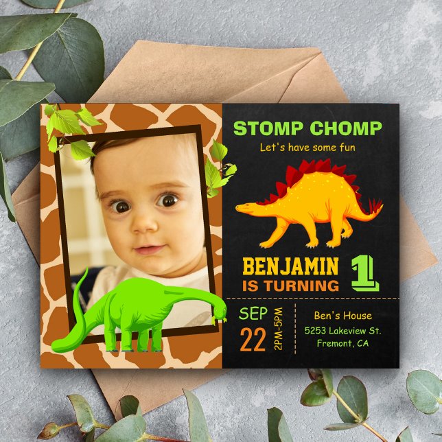 Cute Dinosaur Chalkboard 1st Photo Birthday Party Invitation Postcard (Creator Uploaded)