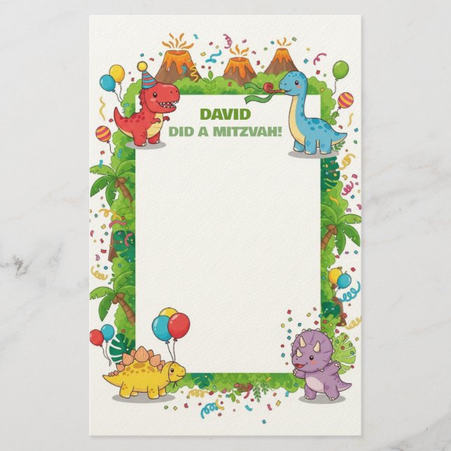 Cute Dinosaur Childrens Custom Name Mitzvah Note Stationery (Front)