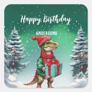 Cute Dinosaur Christmas tree birthday girl party Square Sticker