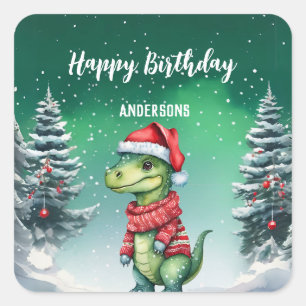 Cute Dinosaur Christmas tree birthday girl party Square Sticker