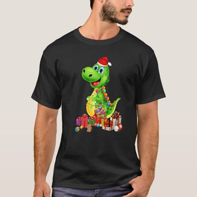 Cute Dinosaur Christmas Tree With Santa Hat Lights T-Shirt (Front)