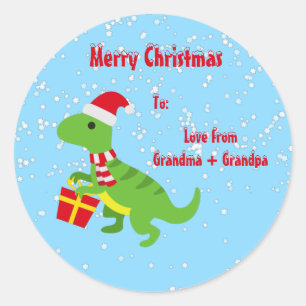 Cute Dinosaur Christmas TRex Blue Kids Classic Round Sticker