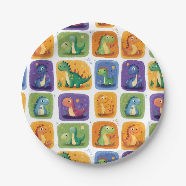 Cute Dinosaur Collage Pattern – Fun & Playful Dino Paper Plate (Front)