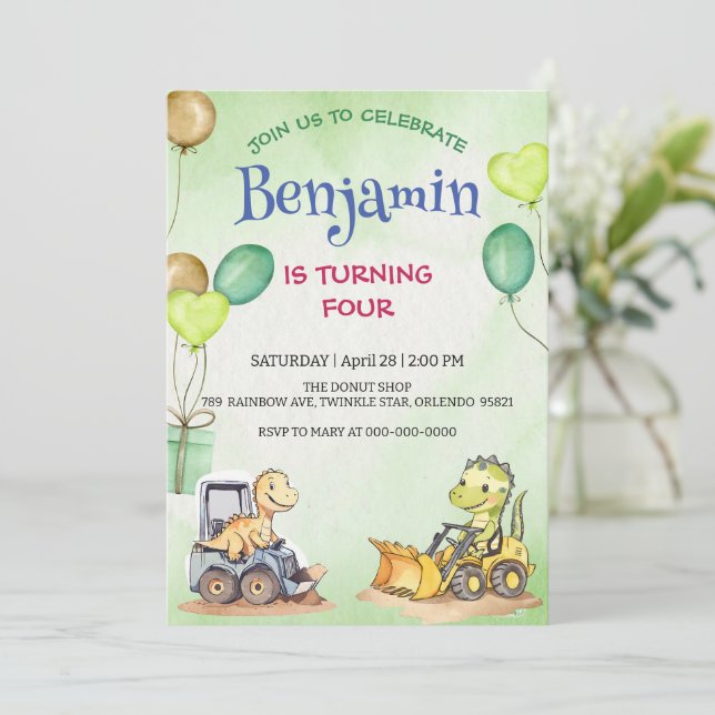 Cute dinosaur construction truck balloon Birthday  (Standing Front)