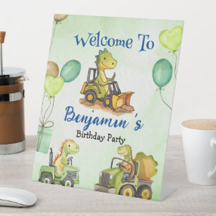 Cute dinosaur construction truck balloon Birthday  Pedestal Sign