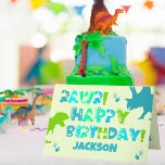 Cute Dinosaur Custom Name and Text Kid's Birthday  Card<br><div class="desc">This colourful birthday card features dinosaur silhouettes and whimsical dinosaur themed text that reads: "Rawr! Happy Birthday" and a personalised name. The inside text reads: "Wishing you a wild and wonderful day." This fun card features complementary shades of blue and green on a light-yellow background. Click "Personalise this Template" to...</div>