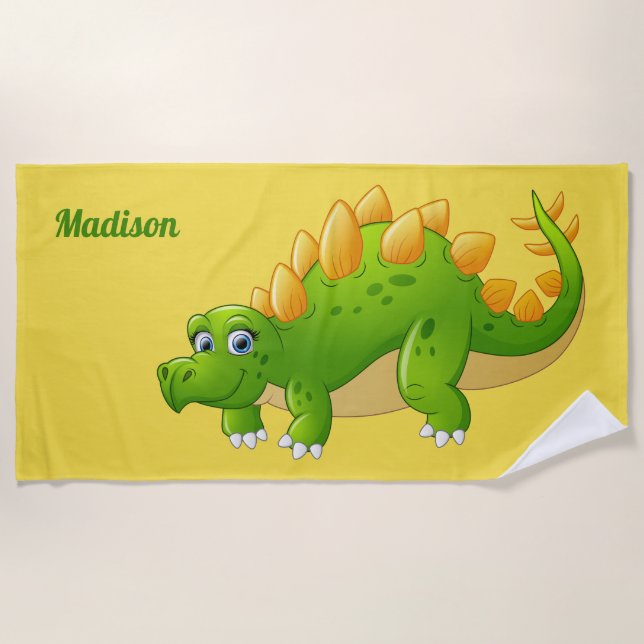 Cute Dinosaur custom name & colour beach towel (Front)