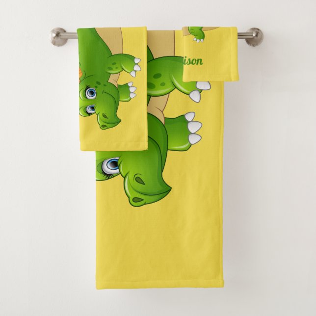 Cute Dinosaur custom name & colour towel set (Insitu)