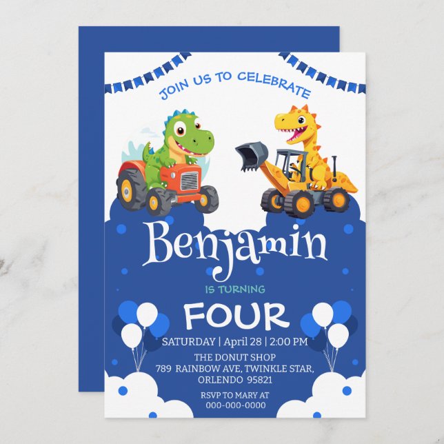 Cute dinosaur dig Excavator truck balloon Birthday (Front/Back)