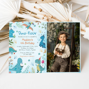 Cute Dinosaur Dino Four 4th Birthday Party Photo Invitation