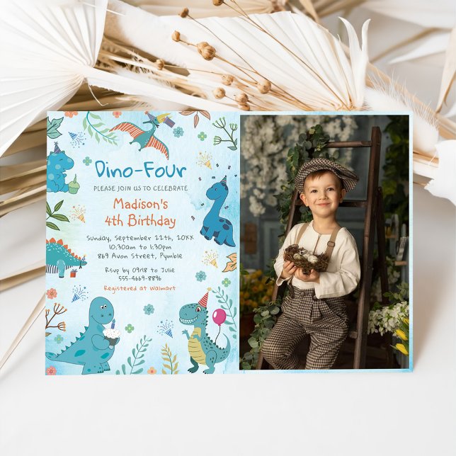Cute Dinosaur Dino Four 4th Birthday Party Photo Invitation (Creator Uploaded)