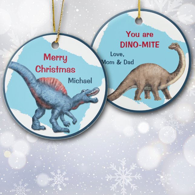 Cute Dinosaur Dino-Mite Kid's Christmas Ceramic Ornament (Creator Uploaded)