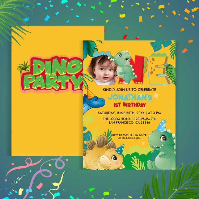 Cute Dinosaur Dino Party First Birthday Colourful  Invitation (Creator Uploaded)