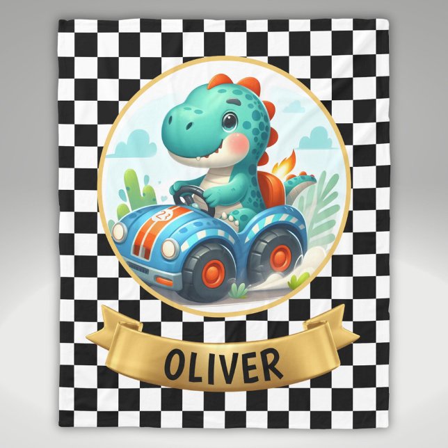 Cute Dinosaur Driving a Race Car Fleece Blanket (Creator Uploaded)